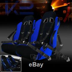 2X Black / Blue JDM Racing Seats+Black 4 Point Camlock Racing Seat Belts Harness