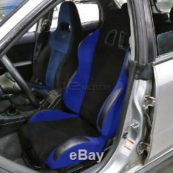 2X Black / Blue JDM Racing Seats+Black 4 Point Camlock Racing Seat Belts Harness