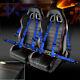2X Black Racing Seats withRed Stitch Stripes+Blue 4-PT Harness Racing Seat Belts
