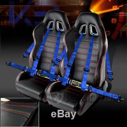 2X Black Racing Seats withRed Stitch Stripes+Blue 4-PT Harness Racing Seat Belts