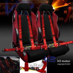 2X Red/Black Racing Seats & 4 Point Harness Racing Seat Belt Belts Pair