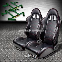 2 Pvc Leather Red Stitches Racing Seats+universal Slider+4pt Harness Green Belts