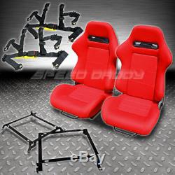 2 T-r Red+stitches Racing Seats+bracket+4pt Harness Belt 92-01 Honda CIVIC Ek/dc
