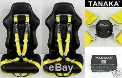 2 Tanaka Universal Yellow 4 Point Camlock Quick Release Racing Seat Belt Harness