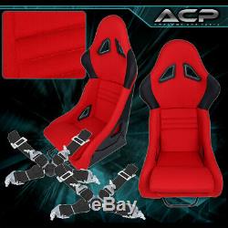 2 Universal Red Racing Buckets Seats + 2X 4Pt Camlock Harness Nylon Seat Belts