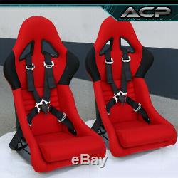 2 Universal Red Racing Buckets Seats + 2X 4Pt Camlock Harness Nylon Seat Belts