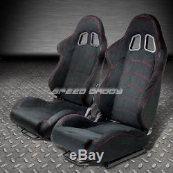 2 X Black Suede Reclinable Racing Seats+universal Slider+4pt Harness Green Belts