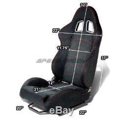 2 X Black Suede Reclinable Racing Seats+universal Slider+4pt Harness Green Belts