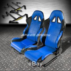 2 X Blue/black Pvc Leather Racing Seats+universal Slider+2x 4-point Harness Belt
