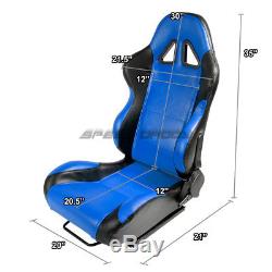 2 X Blue/black Pvc Leather Racing Seats+universal Slider+2x 4-point Harness Belt