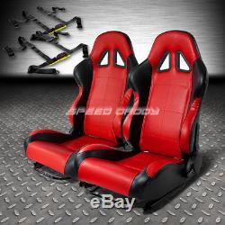 2 X Red/black Pvc Leather Racing Seats+universal Slider+2x 4-point Harness Belt