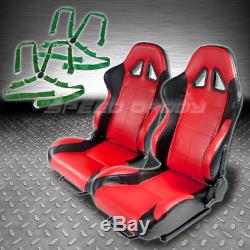 2 X Universal Black/red Pvc Leather Racing Seats+4-pt Green Camlock Harness Belt