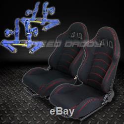 2 X Universal Type-f1 Black Woven Racing Seats+slider+4-point Harness Blue Belts