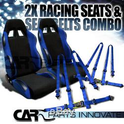 2x Black Blue Cloth T-R Type Reclinable Racing Bucket Seats+Seat Belt Harness