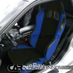 2x Black Blue Cloth T-R Type Reclinable Racing Bucket Seats+Seat Belt Harness