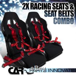 2x Black Cloth PVC Leather Racing Bucket Seats+Red Camlock Harness Belt