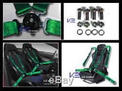 2x Black Cloth PVC Leather Racing Seats+4 Point Camlock Green Harness Seat Belts
