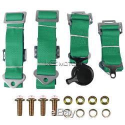 2x Black Cloth PVC Leather Racing Seats+4 Point Camlock Green Harness Seat Belts