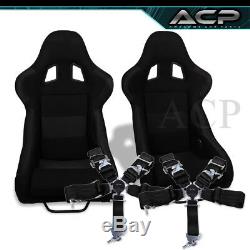 2x Black Cloth Racing Bucket Seat Red Stitching 2x 5pt Black Seatbelt Harness