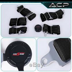 2x Black Cloth Racing Bucket Seat Red Stitching 2x 5pt Black Seatbelt Harness