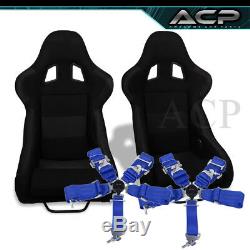 2x Black Cloth Racing Bucket Seat Red Stitching 2x 5pt Blue Seatbelt Harness Set