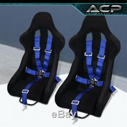 2x Black Cloth Racing Bucket Seat Red Stitching 2x 5pt Blue Seatbelt Harness Set
