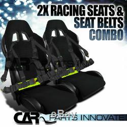 2x JDM Black Cloth PVC Leather Reclinable Racing Bucket Seats+Seat Belt Harness