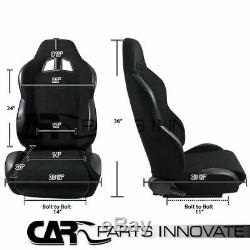 2x JDM Black Cloth PVC Leather Reclinable Racing Bucket Seats+Seat Belt Harness