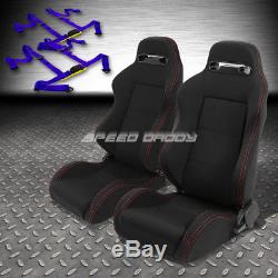 2x Type-r Black Canvas Reclinable Racing Seat+4-point Blue Harness Buckle Belt
