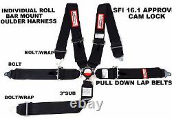5 Point Racing Harness Seat Belt 3 Sfi 16.1 Cam Lock Roll Bar Mount Black