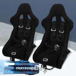 Black Bucket Racing Seats With Red Stitching + 2X 5 Point Black Seatbelt Harness