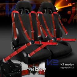 Black Cloth PVC Leather Racing Seats+4 Point Camlock Red Seat Belts Harness