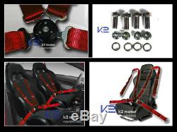 Black Cloth PVC Leather Racing Seats+4 Point Camlock Red Seat Belts Harness
