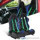 Blue PVC Leather White Stitch Racing Seats+Green 4 Point Seat Belts Harnesses