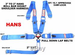 Blue Safety Harness Hans Cam Lock Racing Sfi 16.1 5 Pt Roll Bar Mount Seat Belt