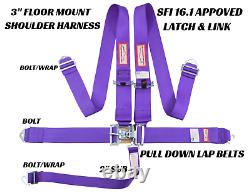 Five Point Race Harness 3 Seat Belt Sfi 16.1 Latch & Link Floor Mount Purple