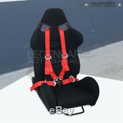 Fully Reclinable Racing Black Bucket Cloth Comfort Seat + 4 Point Red Seatbelt