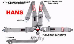 Gray Safety Harness Hans Cam Lock Racing Sfi 16.1 5 Pt Roll Bar Mount Seat Belt