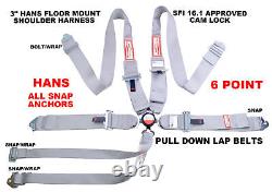 Grey Six Point Snap In 3 Race Harness Floor Mount Seat Belt Cam Lock Sfi 16.1