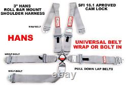 Hans Universal Racing Harness Seat Belt 3 Sfi 16.1 5 Point Grey Wrap Or Bolt In