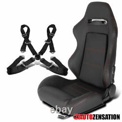 Left Black PVC Leather Red Stitch Sport Racing Seat+4-Point Camlock Belt Harness