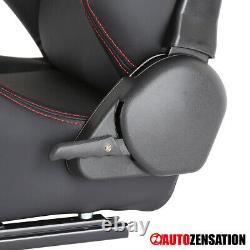 Left Black PVC Leather Red Stitch Sport Racing Seat+4-Point Camlock Belt Harness