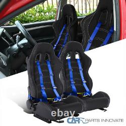 Left+Right Black PVC Leather White Stitch Racing Seat+Blue 4PT Seat Belt Harness
