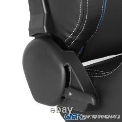 Left+Right Blue PVC Leather White Stitch Racing Seats+Red 4PT Seat Belt Harness