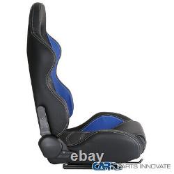 Left+Right Blue PVC Leather White Stitch Racing Seats+Red 4PT Seat Belt Harness