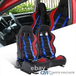 Left+Right Red PVC Leather White Stitch Racing Seat+Blue 4PT Seat Belt Harnesses