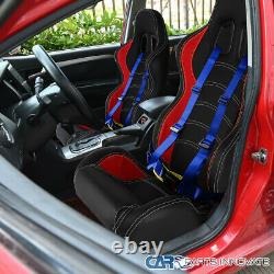 Left+Right Red PVC Leather White Stitch Racing Seat+Blue 4PT Seat Belt Harnesses