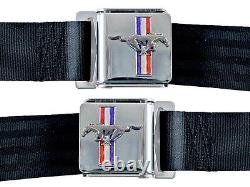 New! Black Seat Belt Deluxe Mustang with Running Horse Emblem Logo Pair with Bolts