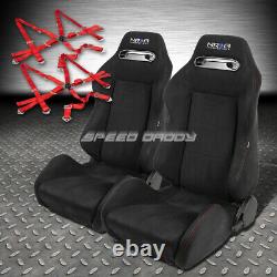 Nrg Black Suede Reclinable Racing Seats+slider+6pt 3 Red Camlock Harness Belts