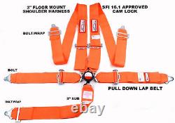 Orange Safety Harness Sfi 16.1 Racing 5 Point Floor Mount 3 Cam Lock Seat Belt